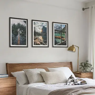 Set of 3 framed wall art pieces featuring a bridge, forest, lake, boats, and mountains