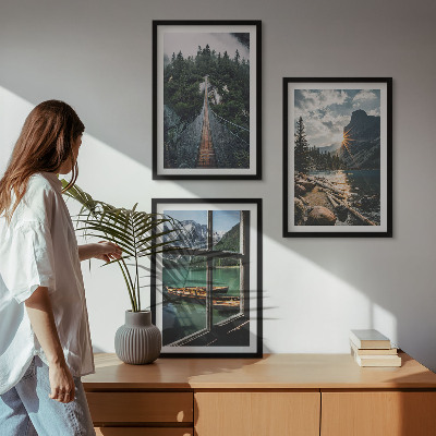 Set of 3 framed wall art pieces Bridge, forest, lake, boats, mountains