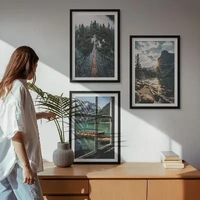 Set of 3 framed wall art pieces featuring a bridge, forest, lake, boats, and mountains