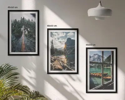 Set of 3 framed wall art pieces featuring a bridge, forest, lake, boats, and mountains