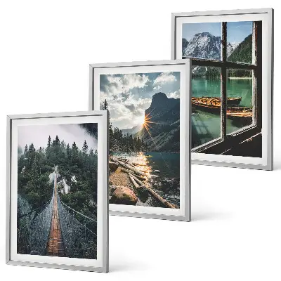 Set of 3 framed wall art pieces featuring a bridge, forest, lake, boats, and mountains