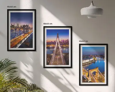 Three-piece wall art cities at night featuring bridges and rivers