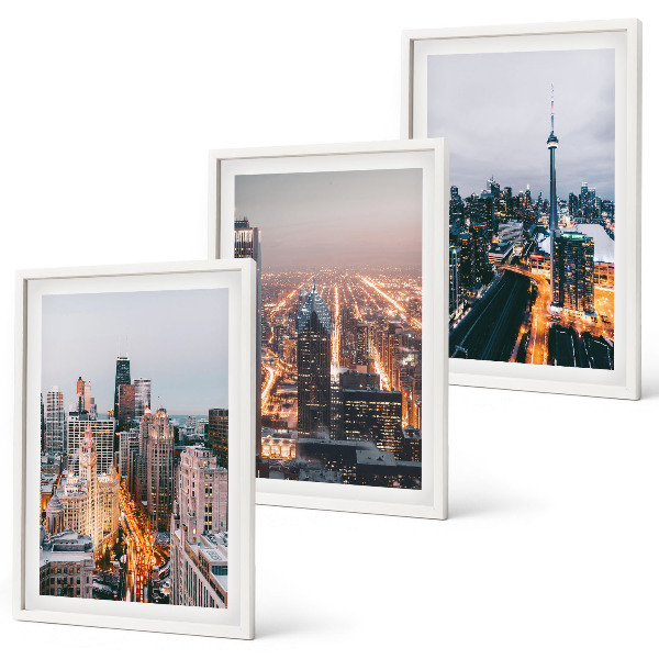 Set of 3 framed wall art pieces Cities at night skyscrapers lights