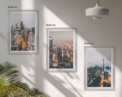 Set of 3 framed wall art pieces Cities at night skyscrapers lights