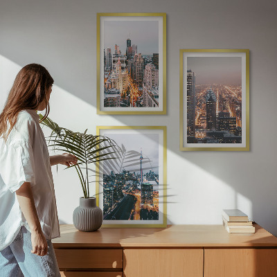 Set of 3 framed wall art pieces Cities at night skyscrapers lights
