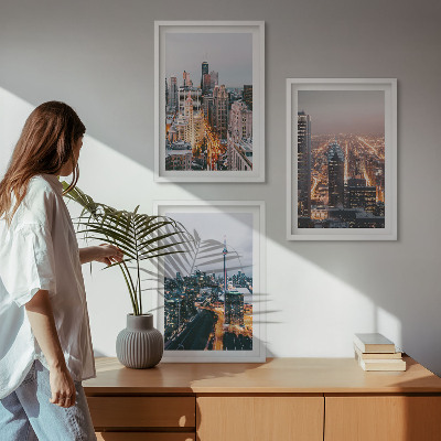 Set of 3 framed wall art pieces Cities at night skyscrapers lights