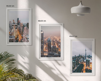 Set of 3 framed wall art pieces Cities at night skyscrapers lights