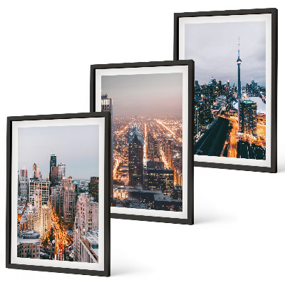 Set of 3 framed wall art pieces Cities at night skyscrapers lights