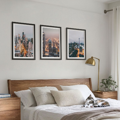 Set of 3 framed wall art pieces Cities at night skyscrapers lights