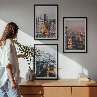 Set of 3 framed wall art pieces Cities at night skyscrapers lights