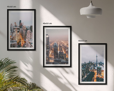 Set of 3 framed wall art pieces Cities at night skyscrapers lights