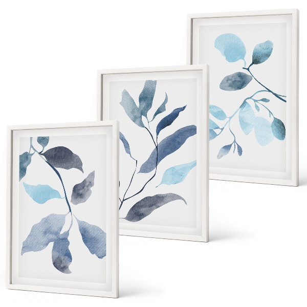 Three-piece wall art piece Blue leaves watercolor