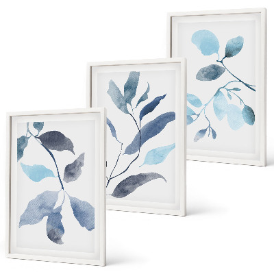 Three-piece wall art piece Blue leaves watercolor