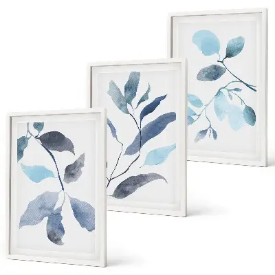 Blue leaves watercolor wall art three-piece set