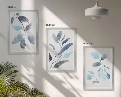 Blue leaves watercolor wall art three-piece set