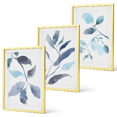 Blue leaves watercolor wall art three-piece set
