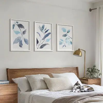 Blue leaves watercolor wall art three-piece set