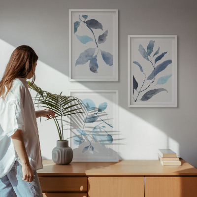 Three-piece wall art piece Blue leaves watercolor