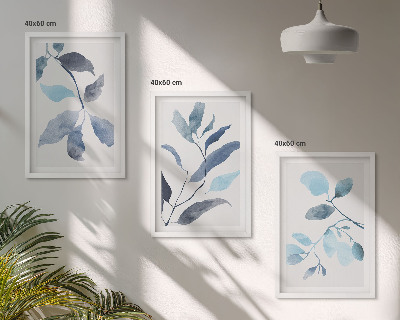 Three-piece wall art piece Blue leaves watercolor