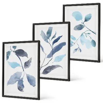 Blue leaves watercolor wall art three-piece set