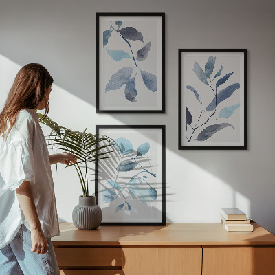 Three-piece wall art piece Blue leaves watercolor