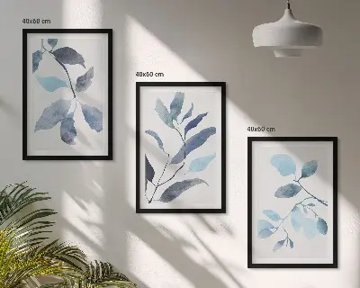 Blue leaves watercolor wall art three-piece set