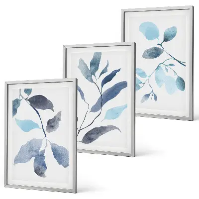 Blue leaves watercolor wall art three-piece set