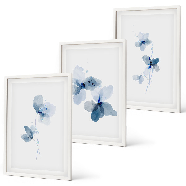 Set of 3 framed wall art pieces Blue flowers