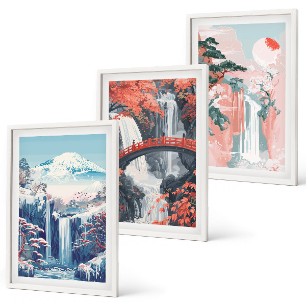 Three-piece wall art piece Waterfalls mountains bridge trees
