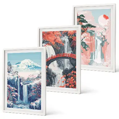 Three-piece wall art set featuring waterfalls, mountains, a bridge, and trees