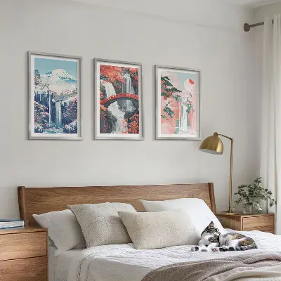 Three-piece wall art set featuring waterfalls, mountains, a bridge, and trees