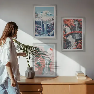 Three-piece wall art set featuring waterfalls, mountains, a bridge, and trees