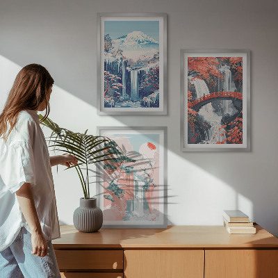 Three-piece wall art piece Waterfalls mountains bridge trees