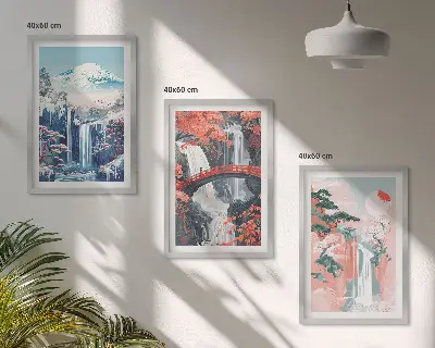 Three-piece wall art set featuring waterfalls, mountains, a bridge, and trees