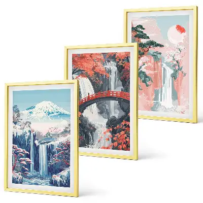 Three-piece wall art set featuring waterfalls, mountains, a bridge, and trees