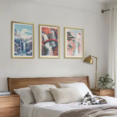 Three-piece wall art set featuring waterfalls, mountains, a bridge, and trees