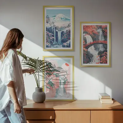 Three-piece wall art set featuring waterfalls, mountains, a bridge, and trees