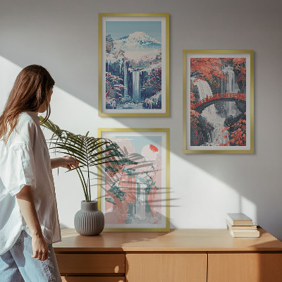 Three-piece wall art piece Waterfalls mountains bridge trees