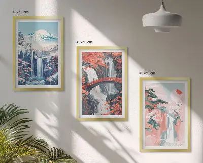Three-piece wall art set featuring waterfalls, mountains, a bridge, and trees