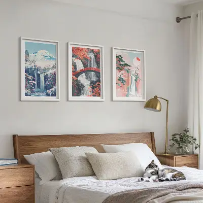 Three-piece wall art set featuring waterfalls, mountains, a bridge, and trees