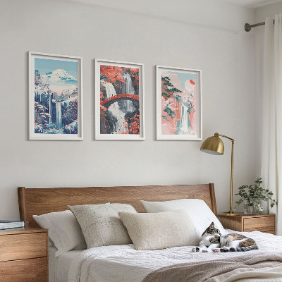 Three-piece wall art piece Waterfalls mountains bridge trees