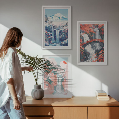 Three-piece wall art piece Waterfalls mountains bridge trees