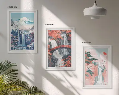 Three-piece wall art set featuring waterfalls, mountains, a bridge, and trees