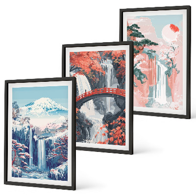 Three-piece wall art piece Waterfalls mountains bridge trees