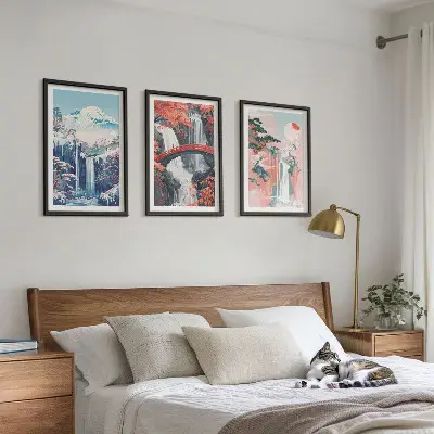 Three-piece wall art set featuring waterfalls, mountains, a bridge, and trees