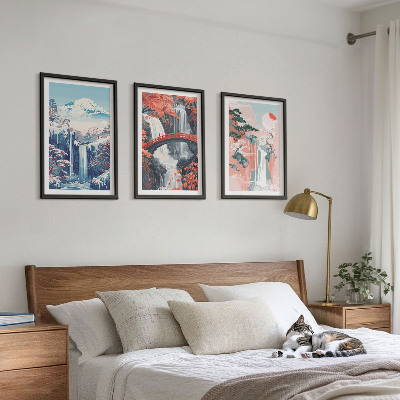 Three-piece wall art piece Waterfalls mountains bridge trees