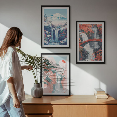 Three-piece wall art piece Waterfalls mountains bridge trees