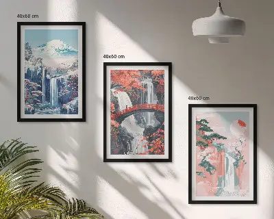 Three-piece wall art set featuring waterfalls, mountains, a bridge, and trees