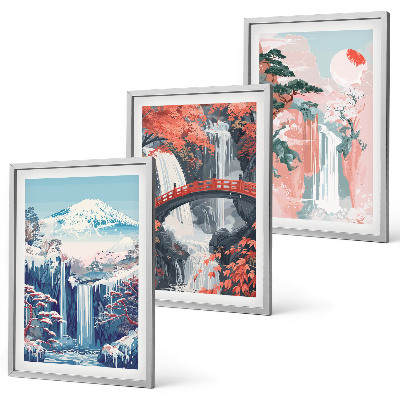 Three-piece wall art piece Waterfalls mountains bridge trees