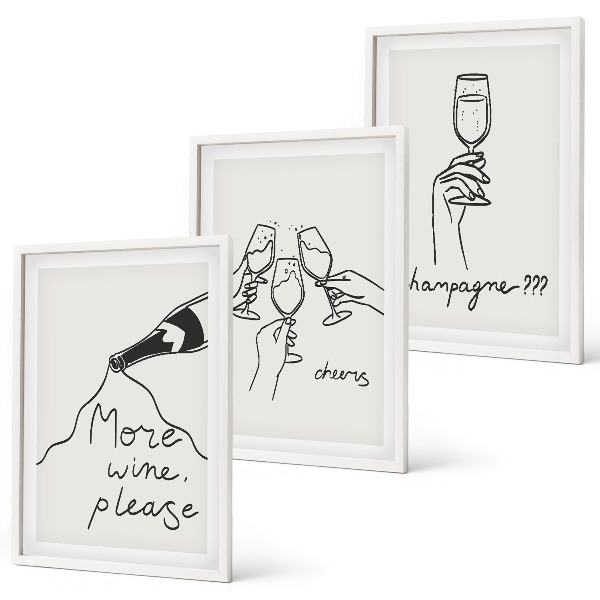 Set of 3 framed wall art pieces Champagne Wine line-art
